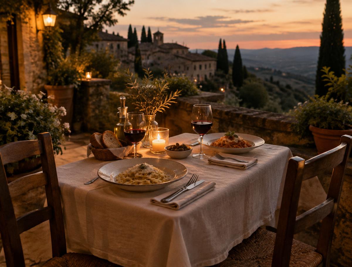 A candle-lit table for two on a terrace at dusk