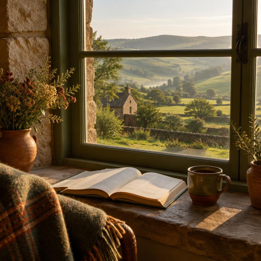 A cottage window looking over green hills, with an open book